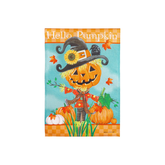 Hello Pumpkin Scarecrow Burlap Garden Flag