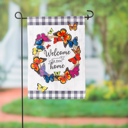 Butterfly Welcome Wreath Garden Linen Flag