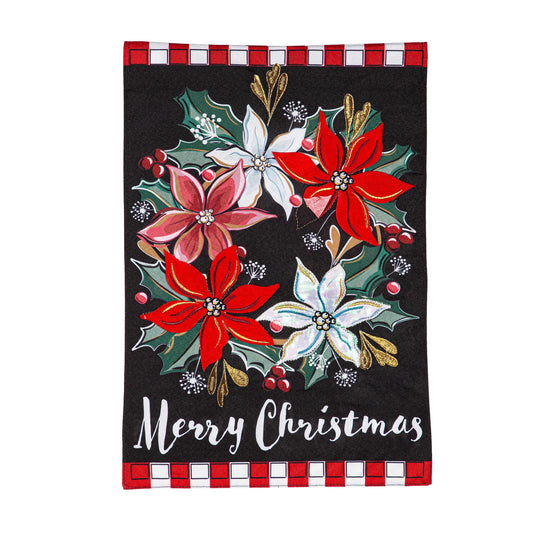 Poinsettia Wreath Linen Garden Flag
