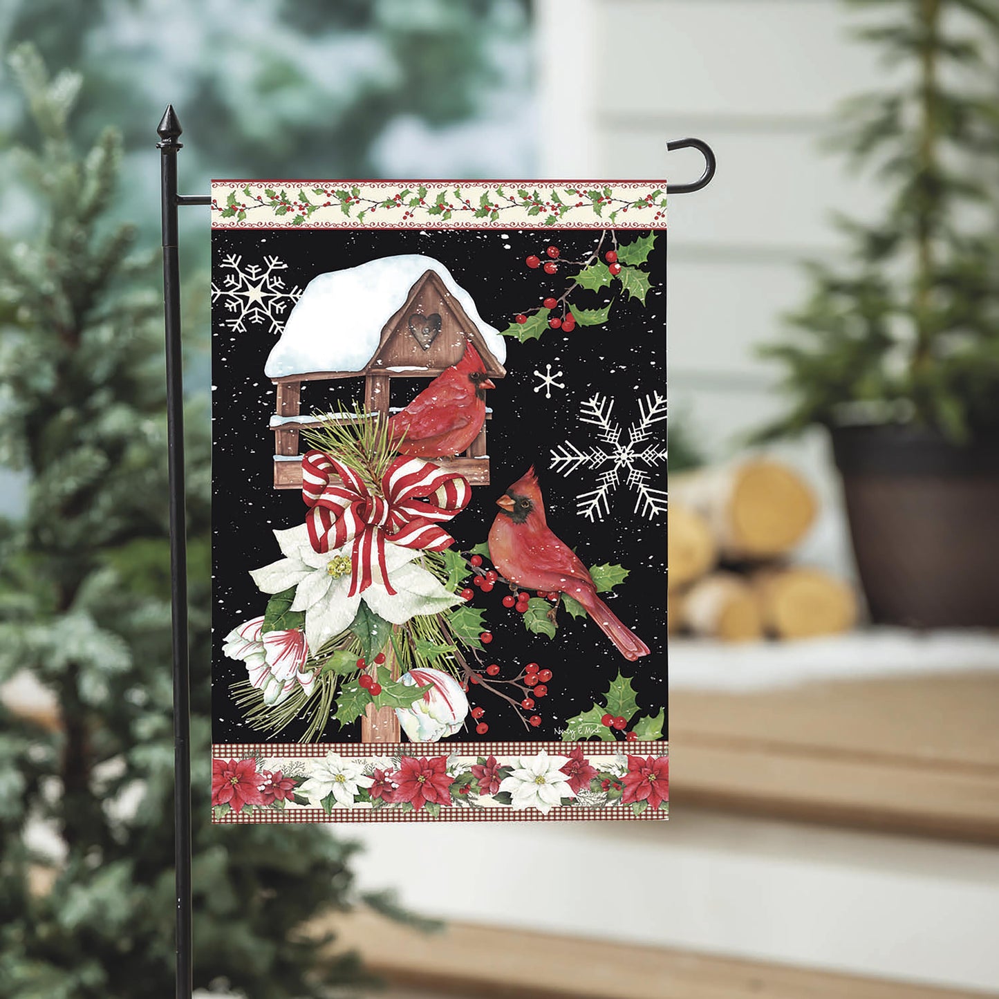 Joyful Cardinal Winter Visit Suede Garden Flag