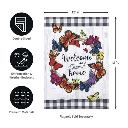 Butterfly Welcome Wreath Garden Linen Flag