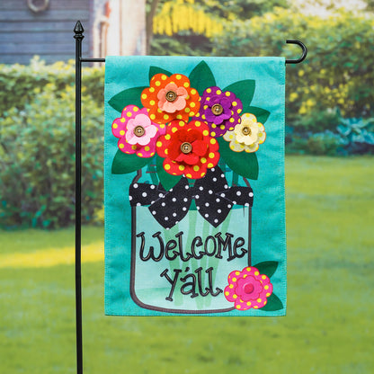 Welcome Y'all Polka Dot Flowers Garden Burlap Flag and Sassafras Mat Set (14B4181ECM+431272)