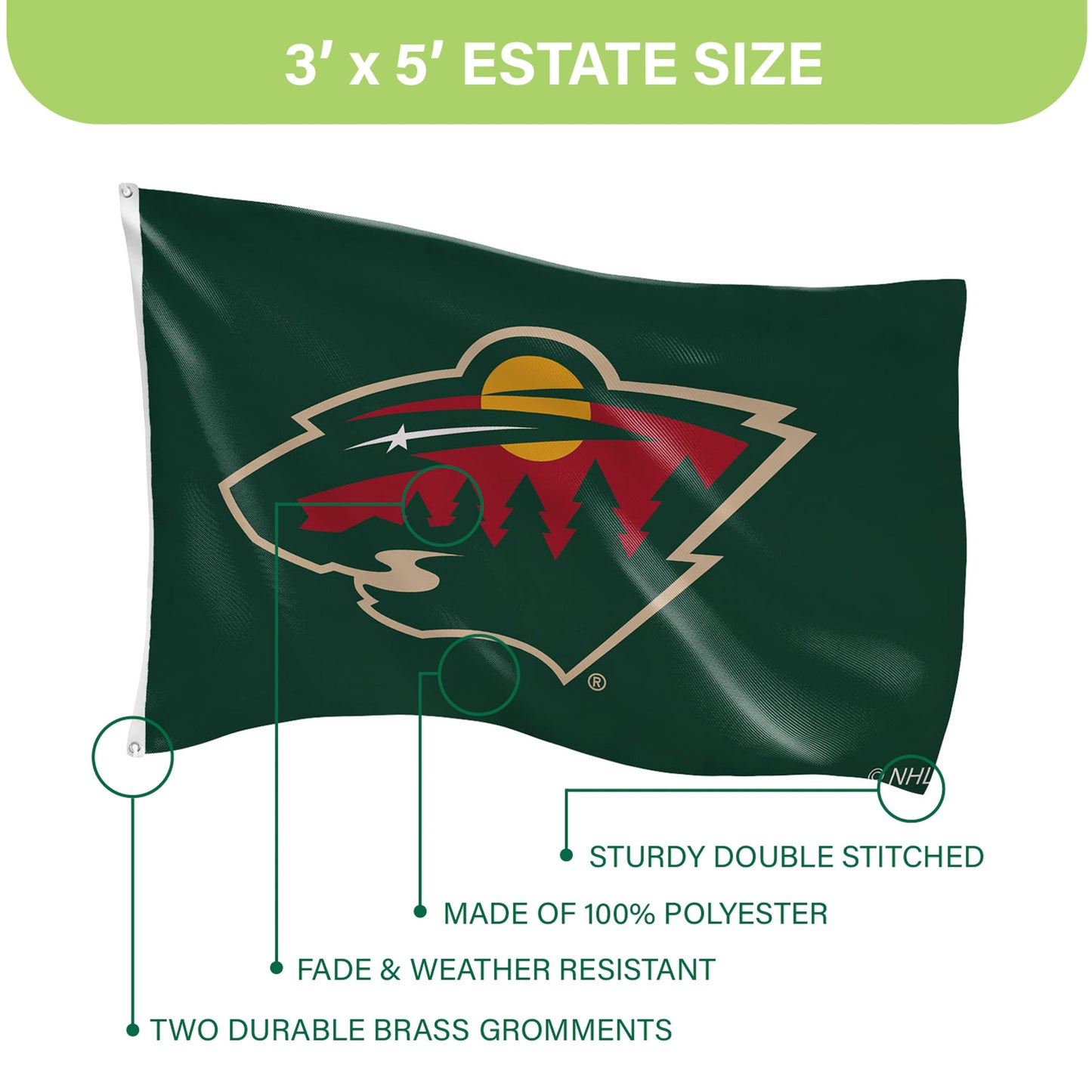 Minnesota Wild Single Sided Flag w/ 2 Grommets, 3'x5'