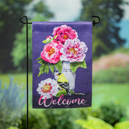 Bucket of Peonies Suede Garden Flag