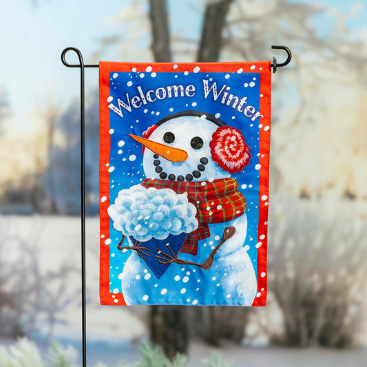 Snowman with Bouquet Applique Garden Flag