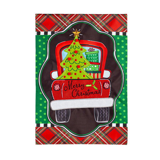 Patterned Christmas Truck Applique Garden Flag