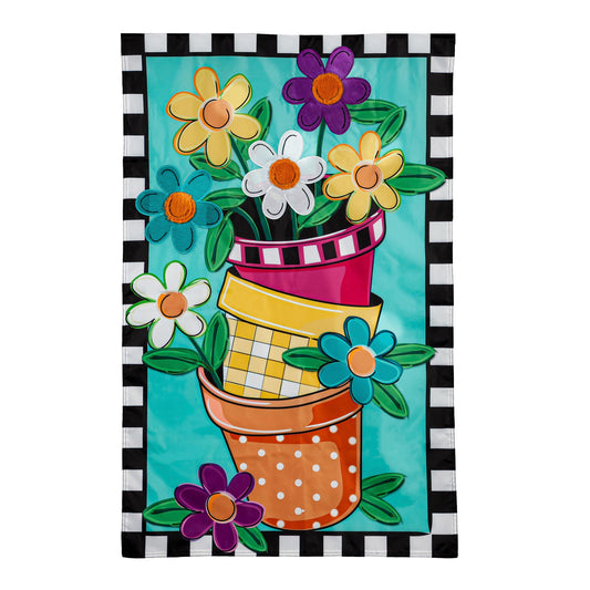 Stacked Spring Flower Pots House Applique Flag