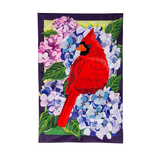Red Cardinal and Hydrangeas Applique House Flag