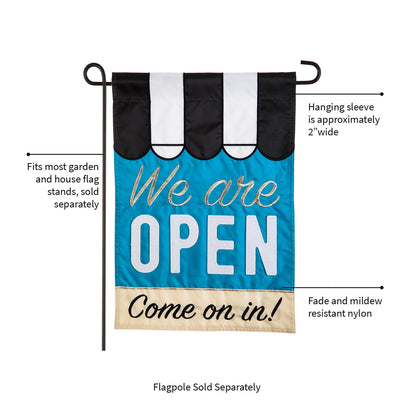 We Are Open Garden Applique Flag