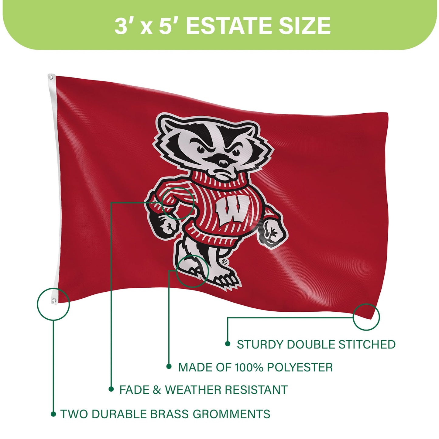 University of Wisconsin-Madison Single Sided Flag w/ 2 Grommets, 3'x5'