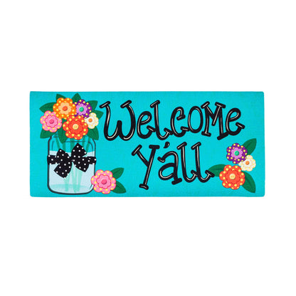 Welcome Y'all Polka Dot Flowers Garden Burlap Flag and Sassafras Mat Set (14B4181ECM+431272)