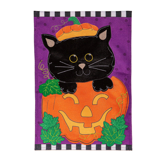 Jack O'Lantern & Black Cat Burlap Garden Flag