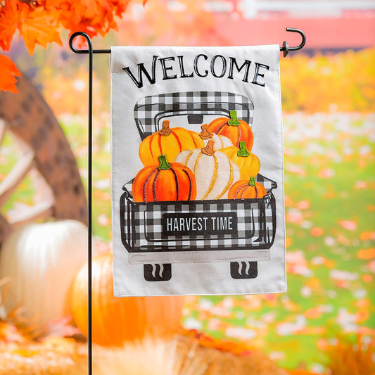 Pumpkin Plaid Truck Garden Burlap Flag