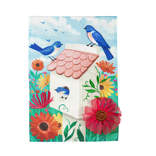 Birdhouse & Bluebirds Linen Garden Flag