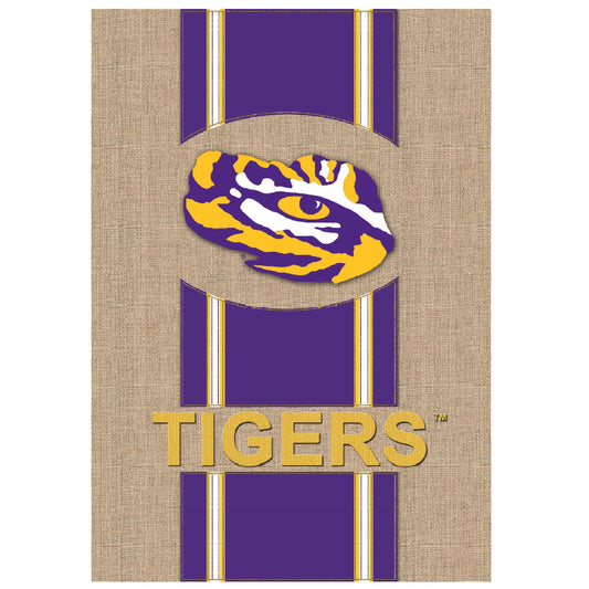 LSU Tigers Burlap Stripe Logo Garden Flag