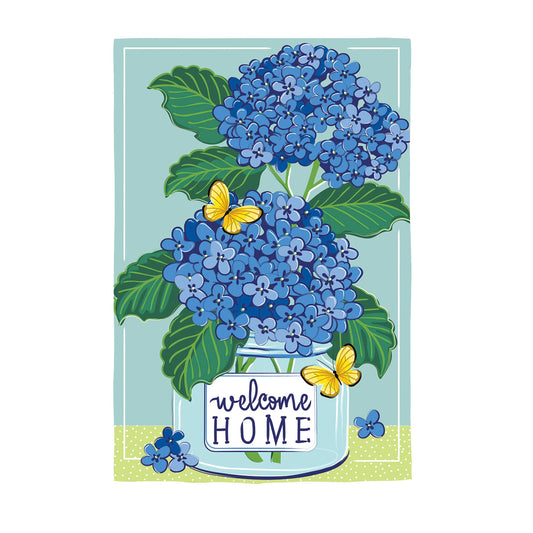 Welcome Home Hydrangeas Burlap House Flag
