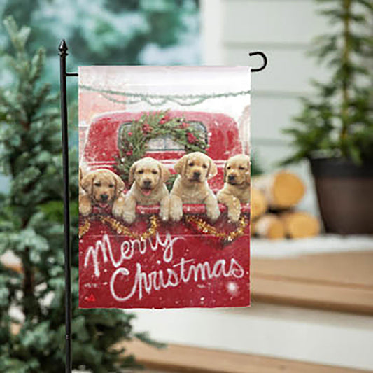Red Truck with Puppies Suede Garden Flag