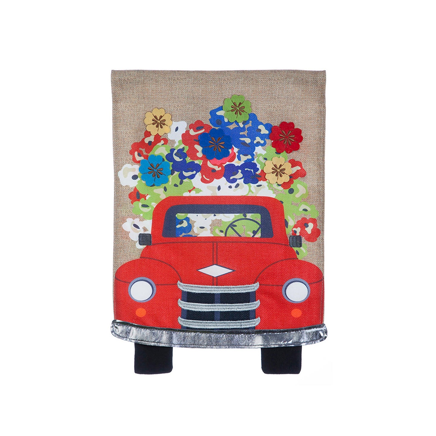 Burlap garden flag, Red Truck Flowers