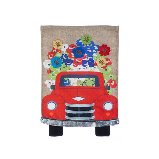 Burlap garden flag, Red Truck Flowers