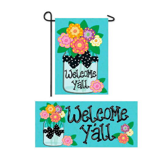 Welcome Y'all Polka Dot Flowers Garden Burlap Flag and Sassafras Mat Set (14B4181ECM+431272)