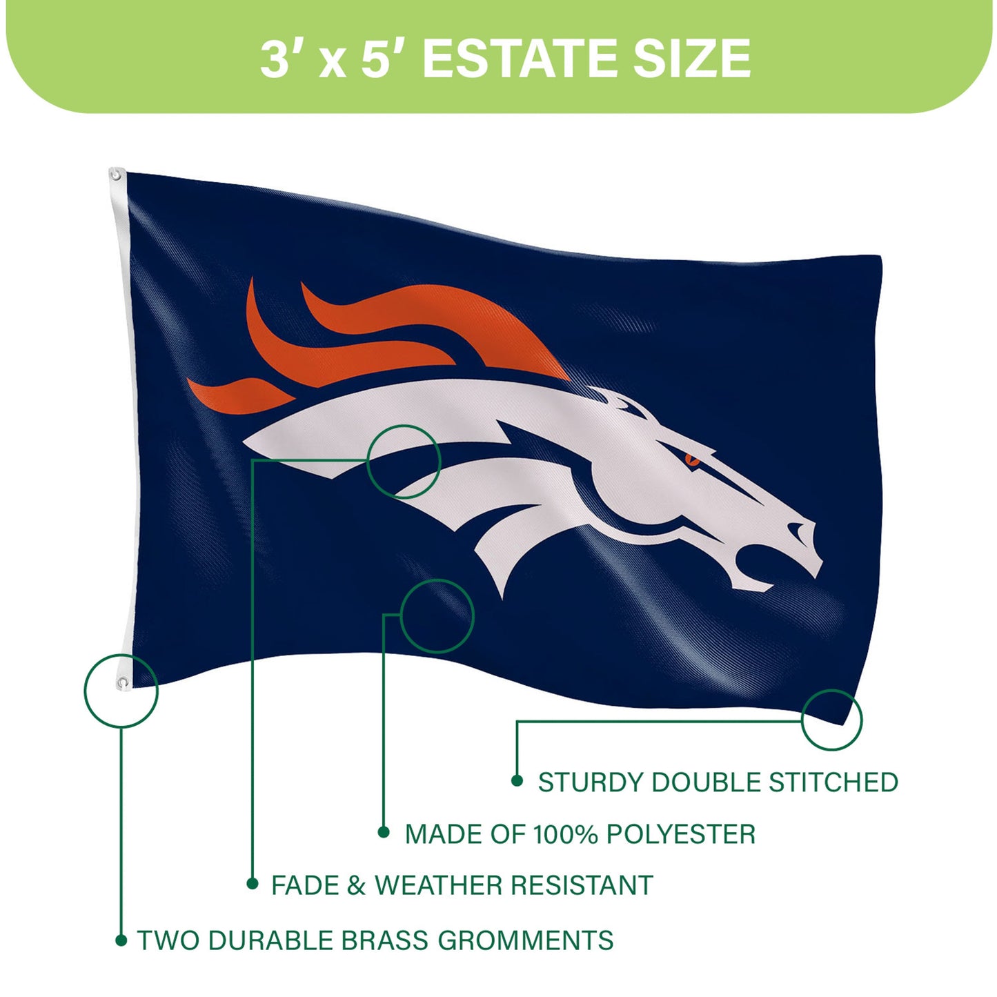 Denver Broncos Single Sided Flag with 2 Grommets, 3'x5'
