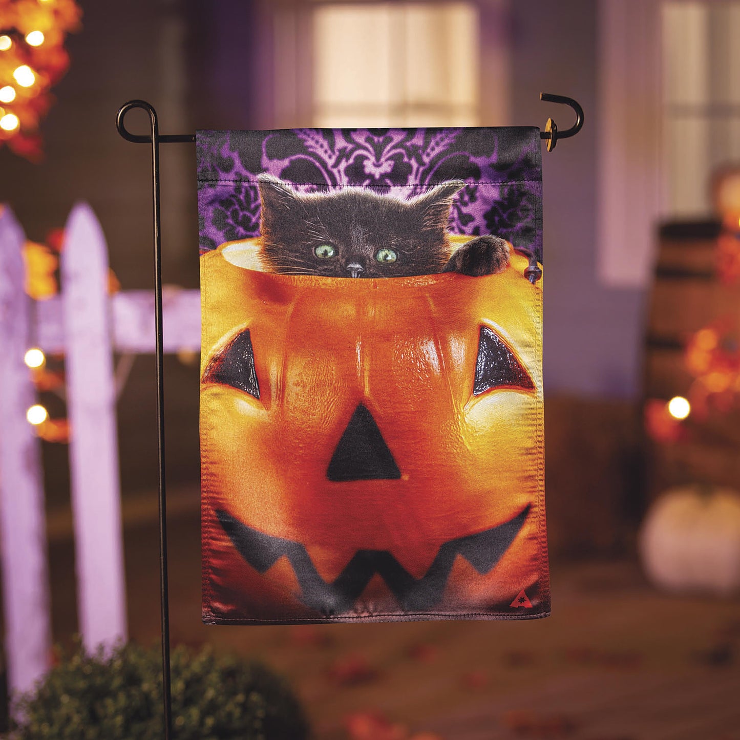 Kitten in  Jack O'Lantern Pumpkin Bucket Lustre Garden Flag