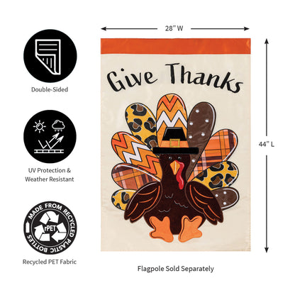 Give Thanks Patterned Turkey Applique House Flag