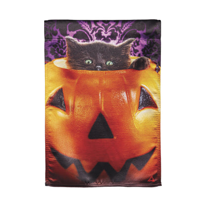 Kitten in  Jack O'Lantern Pumpkin Bucket Lustre Garden Flag