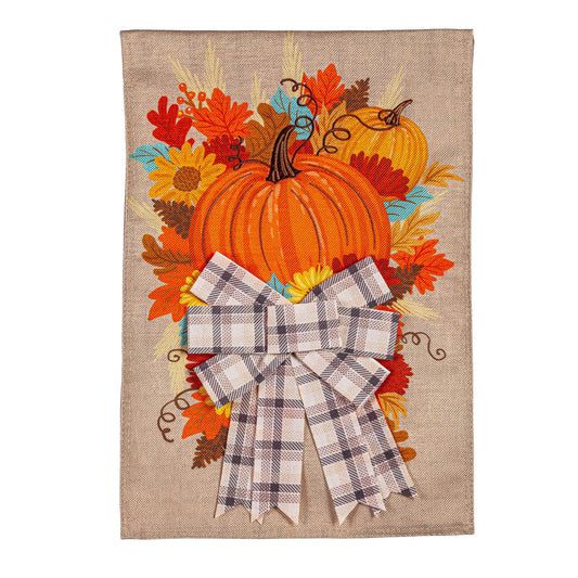 Pumpkin and Bow Garden Burlap Flag