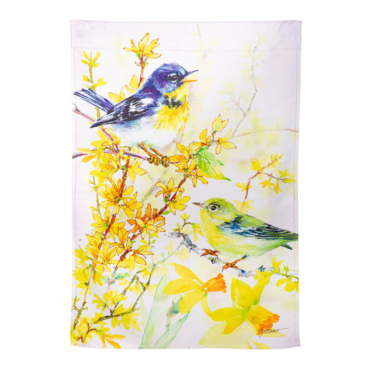 Birds and Forsythia Suede House Flag