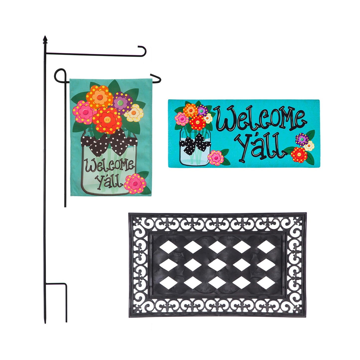 Welcome Y'all Burlap Garden Flag and Sassafras Mat Set (14B4181ECM+22001T+431272+43BM003)