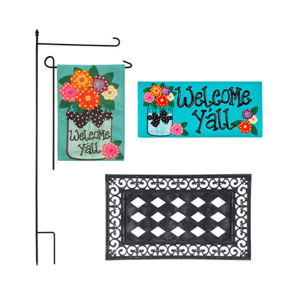 Welcome Y'all Burlap Garden Flag and Sassafras Mat Set (14B4181ECM+22001T+431272+43BM003)