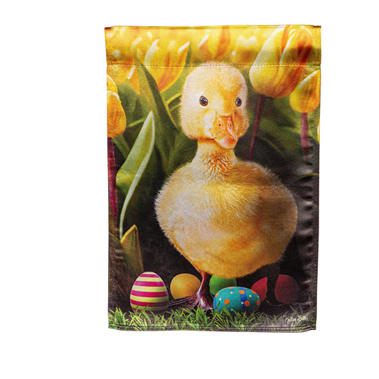 Duckling and Tulips Lustre Garden Flag