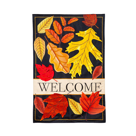 Fall Leaves Welcome Estate Size Embellished Burlap Flag