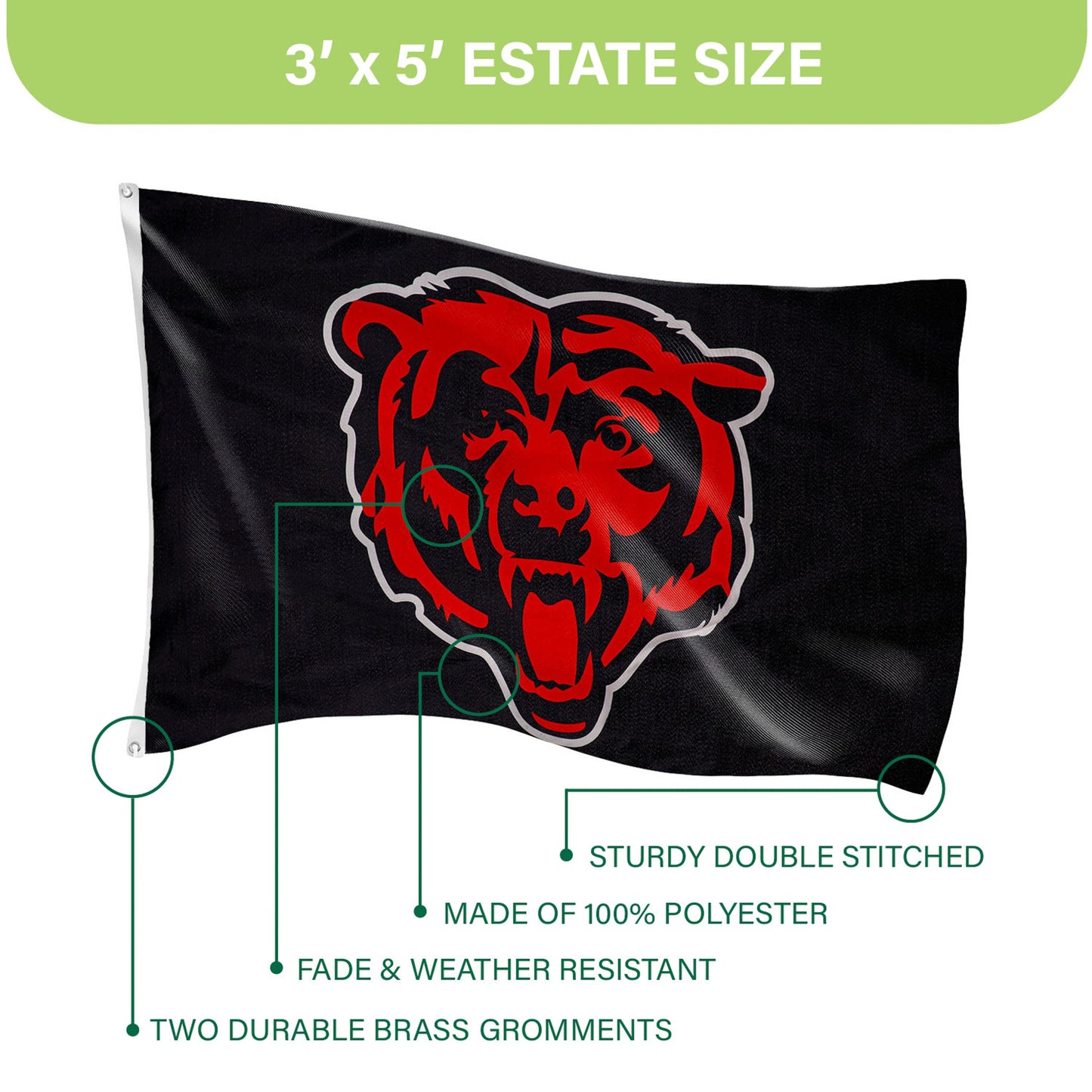 Chicago Bears Single Sided Estate Flag with 2 Grommets 3'x5'