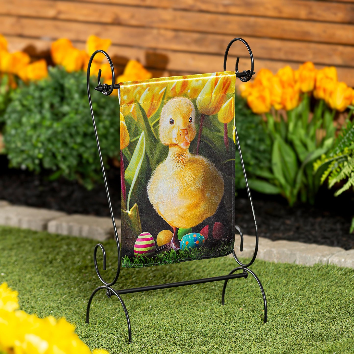 Duckling and Tulips Lustre Garden Flag