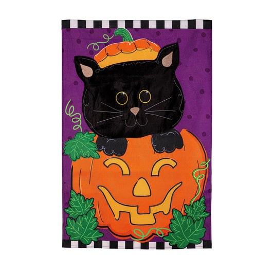 Jack O'Lantern & Black Cat Burlap House Flag