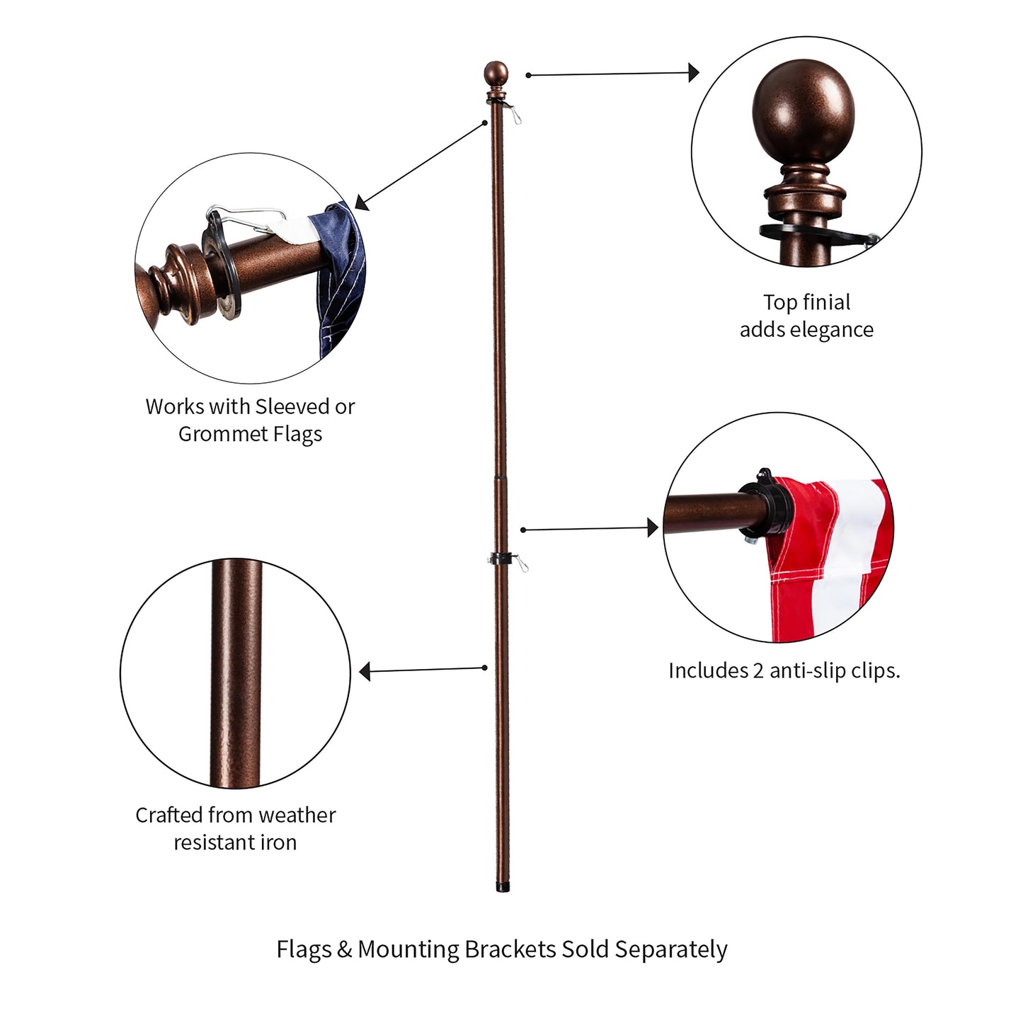 Extendable Metal House Flag Pole, Bronze