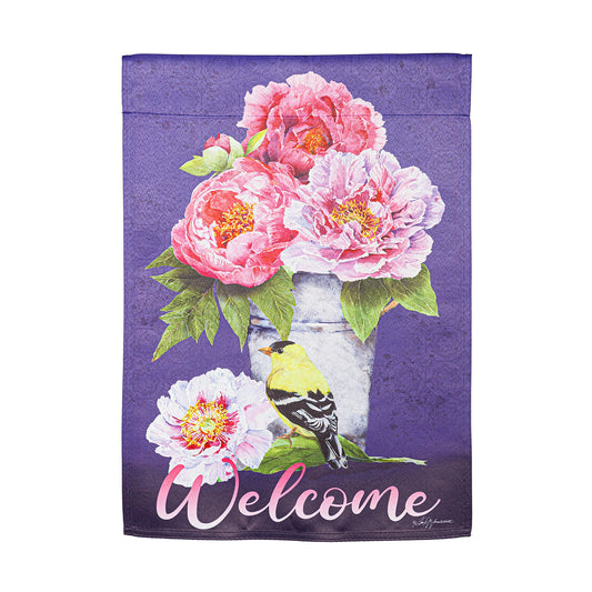 Bucket of Peonies Suede Garden Flag