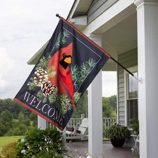 Cardinal and EvergreenEstate Size Embellished Burlap Flag