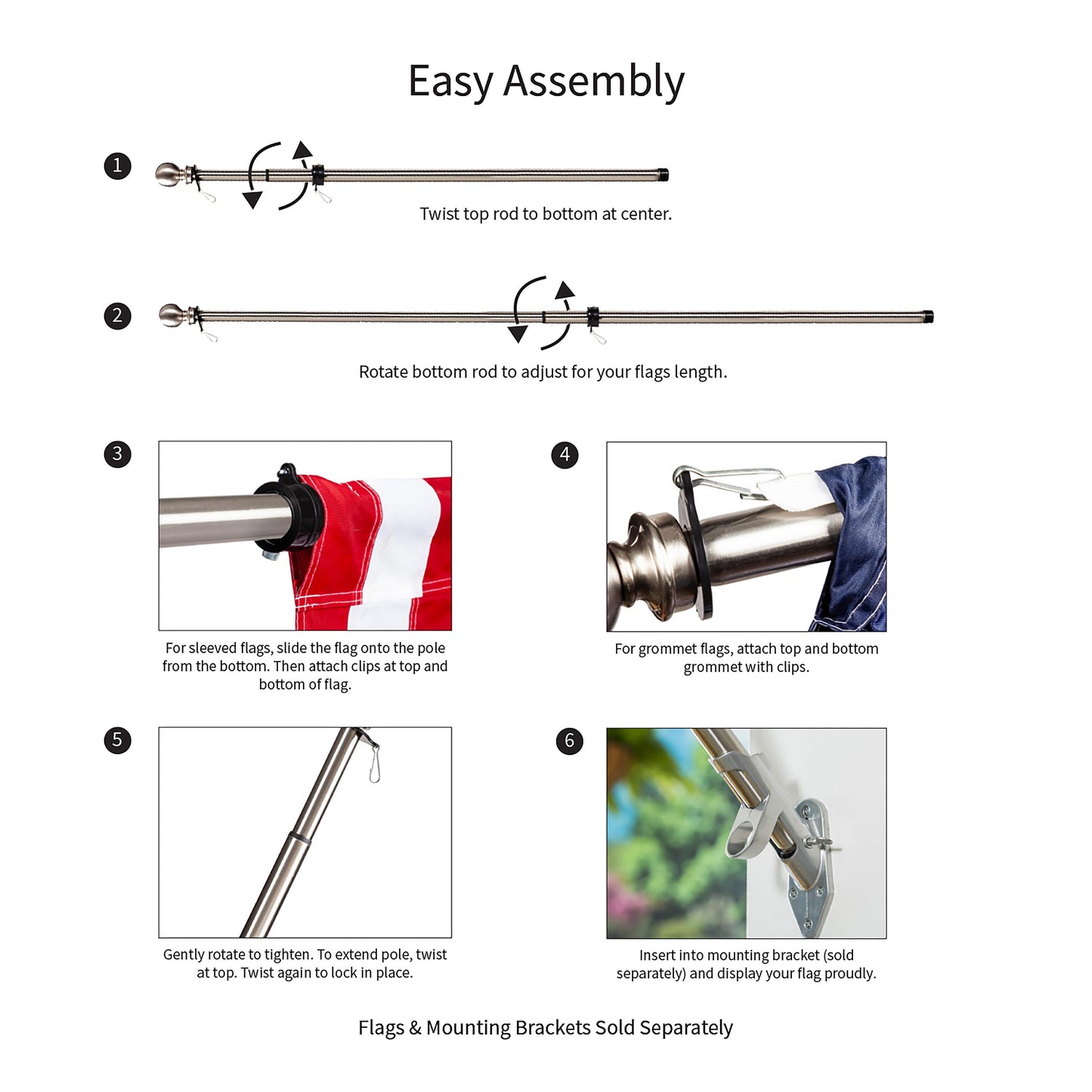 Extendable Metal House Flag Pole, Silver