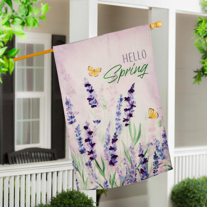 Hello Spring Lavender Burlap House Flag