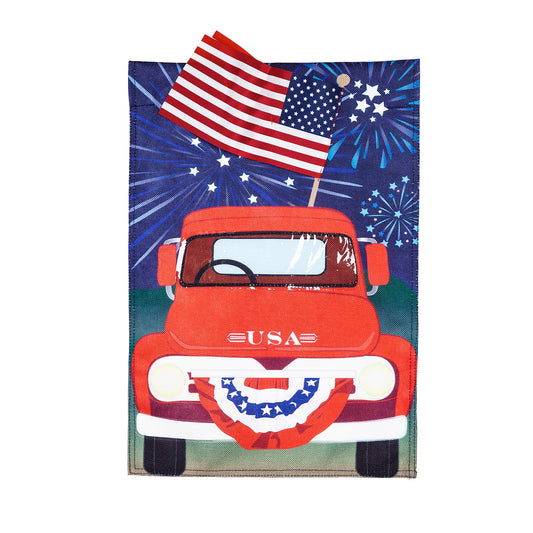 Patriotic Red Truck House Burlap Flag