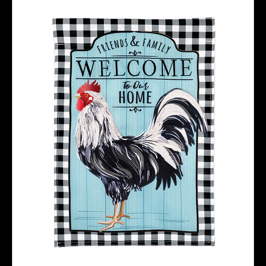 Black and White Rooster Garden Burlap Flag