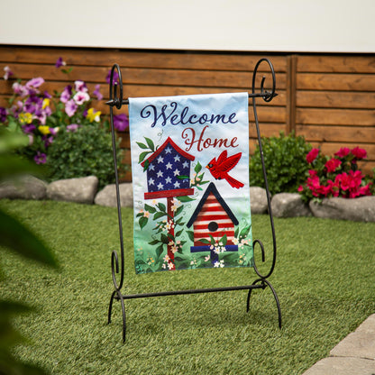 Patriotic Birdhouse Welcome Linen Garden Flag