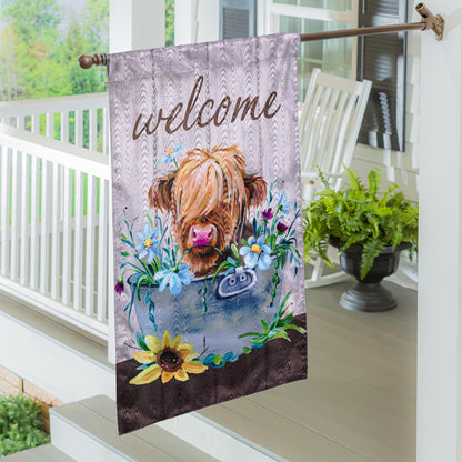 Relaxing Highland Cow Moire House Flag