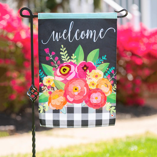 Floral Welcome Check Garden Linen Flag