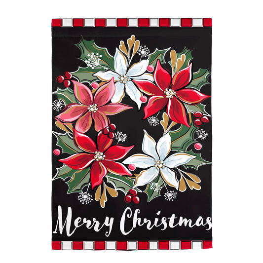 Poinsettia Wreath Applique House Flag
