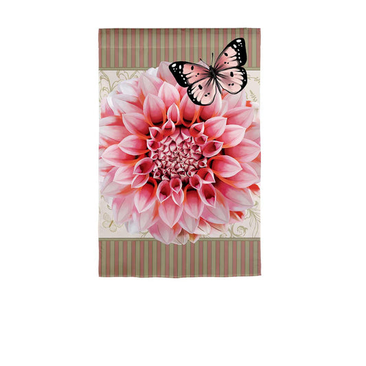 Dahlia & Butterfly Burlap House Flag