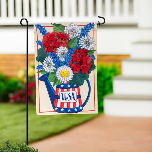 USA Floral Watering Can Applique House Flag